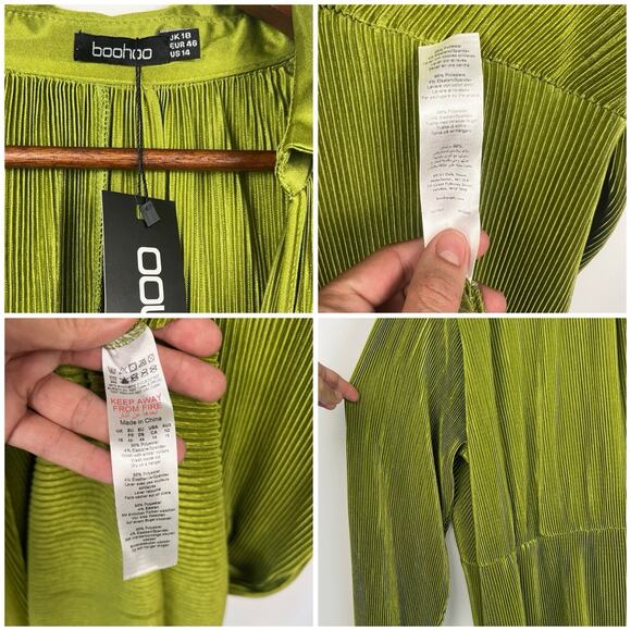 Boohoo Green 14 Pleated Twist Front Stretch Midi Dress Dolman Sleeve Look Party - Picture 7 of 10